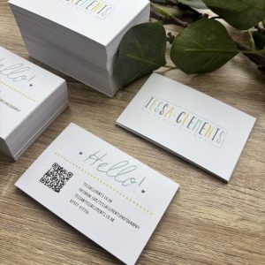Business card with QR code for photographer - yellow and blue with modern fun font