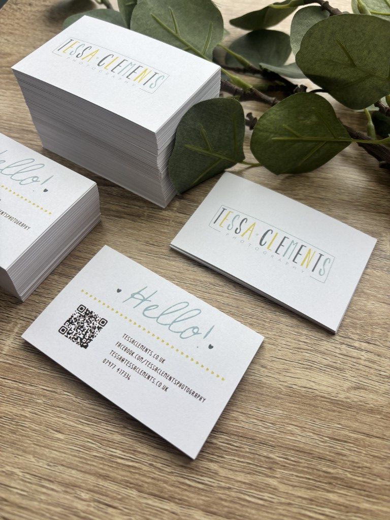 Business card with QR code for photographer - yellow and blue with modern fun font