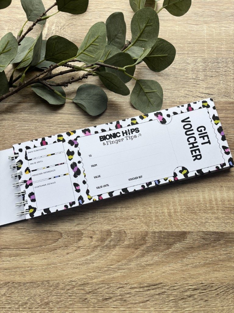 Ticket Style Salon Gift Voucher Counterfoil Book with multicoloured animal print